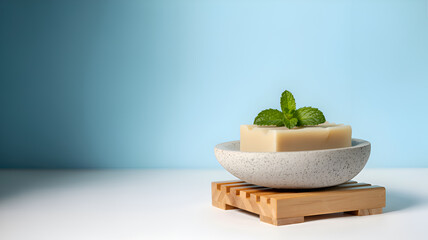 Natural Soap Bar with Mint Leaf in Ceramic Dish fresh