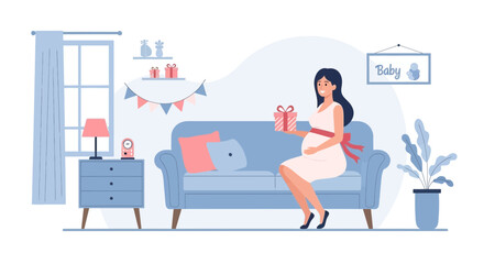 Anticipating Motherhood A Pregnant Woman Receives a Baby Shower Gift On Sofa