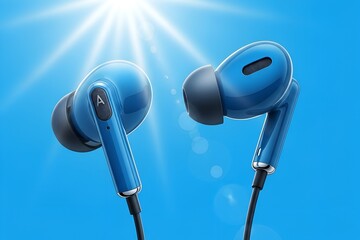 A close up of two blue earbuds against a vibrant blue background with a bright white light source