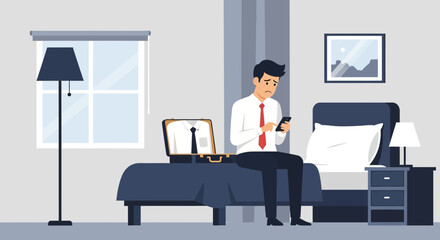 Anxious Businessman Texting On Phone In Hotel Room With Open Suitcase