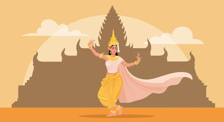Apsara Dancer Poses Gracefully Before Ancient Khmer Temple Backdrop Scene