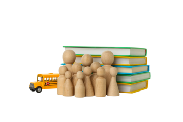 Wooden figures stand together with books and a bus, isolated, PNG