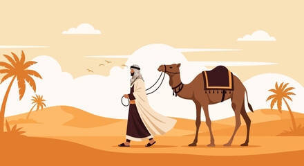 Arabian Man Leading Camel Through Desert Landscape With Palm Trees