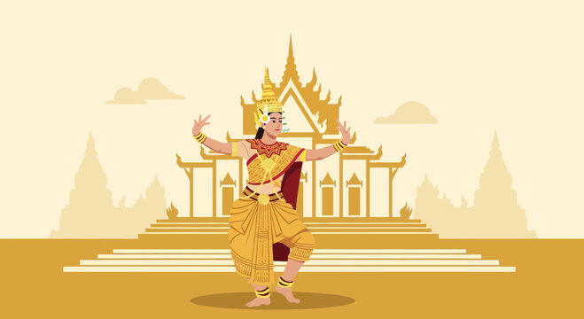 Apsara Dancer Performing Ancient Cambodian Dance Near a Golden Temple