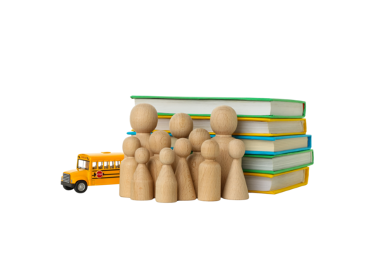 Wooden figures stand together with books and a bus, isolated, PNG