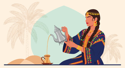Naklejka premium Arabian Woman Pouring Traditional Coffee In Desert With Palm Tree Background