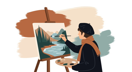 Artist Painting Scenic Landscape On Canvas With Mountains And River View