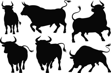 Bull silhouette collection, powerful animal poses, majestic vector illustration, black graphic design, horns and tail details, stock image, Adobe, SEO