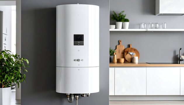 Modern white water heater in a contemporary kitchen
