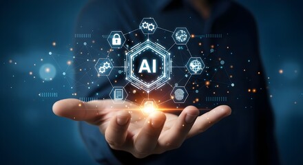 Futuristic Hand Holding Stylized AI Symbol Surrounded by Holographic Network of Security, Data, and Tech Icons


