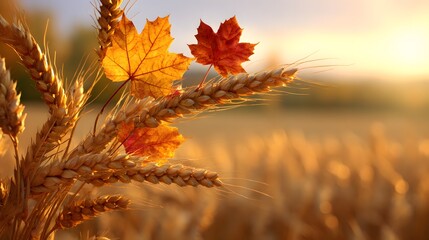 Obraz premium Golden wheat sheaves intertwined with maple leaves, capturing the balance of the autumnal equinox.