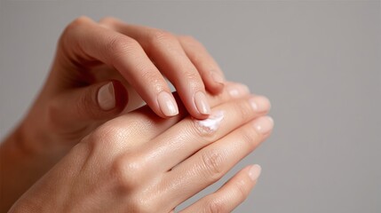A close-up of a woman's hands applying cream, showcasing smooth skin and delicate fingers.
