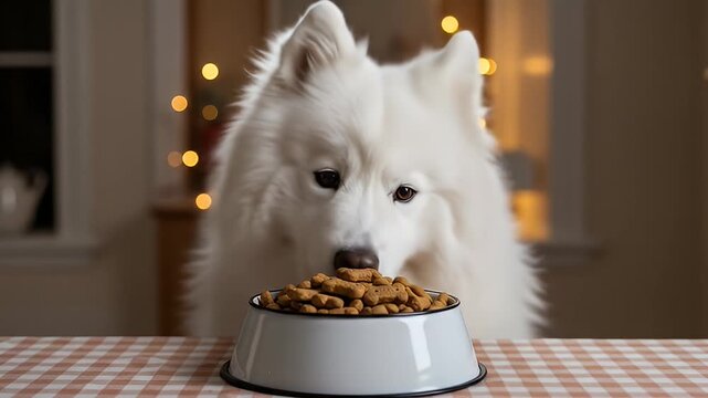 Fluffy white Samoyed dog intently watches bowl of treats on gingham tablecloth indoors