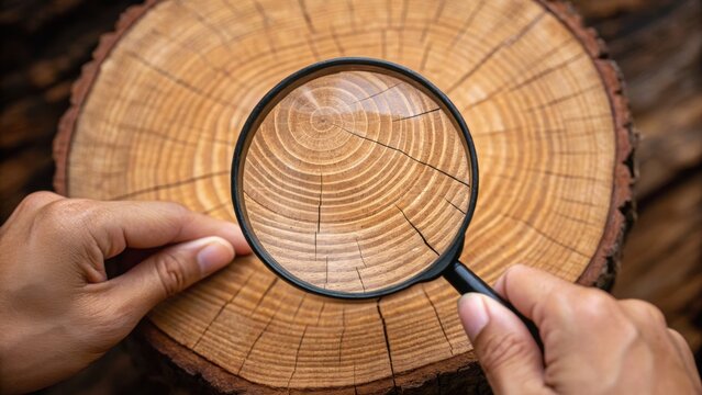 A person examines a tree stump with a magnifying glass, revealing intricate growth rings and textures.