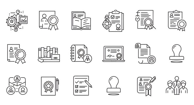Certification and document line icon set. Vector symbols for compliance, diploma, quality standards, and official verification.