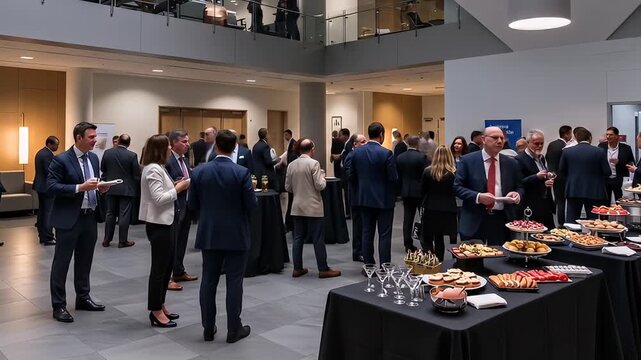 Businesspeople mingle and network in a large, modern, corporate atrium during a cocktail hour