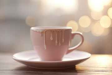 Obraz premium Empty coffee cup with drip line down edge, soft sunlight, pink ceramic, graceful and minimal style, morning atmosphere, gentle bokeh background, peaceful and calm mood