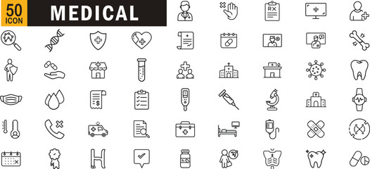 Medical editable outline icon set. Healthcare, hospital, doctor, treatment, pharmacy, diagnosis and more.
