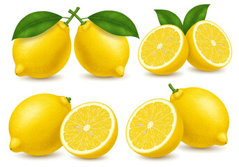 A collection of lemons, some whole with leaves, others cut in half, on white background