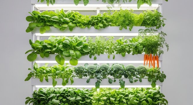Photo of indoor vertical garden with hydroponic system for growing plants - Powered by Adobe