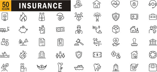 Insurance editable outline icon set. Health, life, accident, protection, coverage, safety and more.
