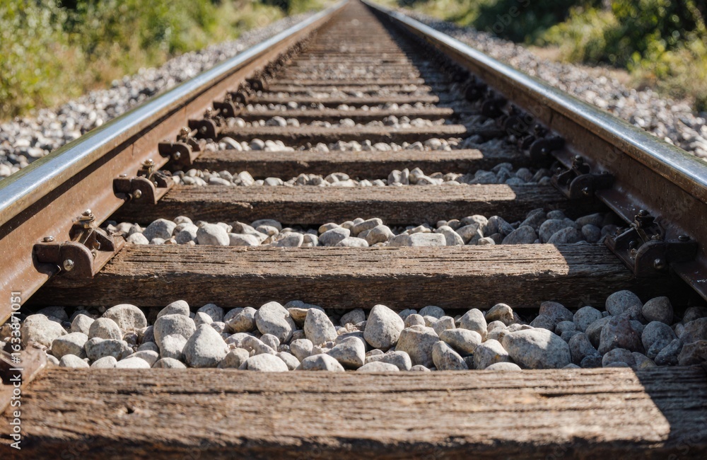 Poster a railway track extending into the distance through a natural landscape