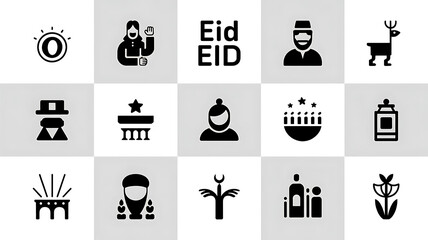 Diverse icons representing Eid celebrations and religious symbols.
