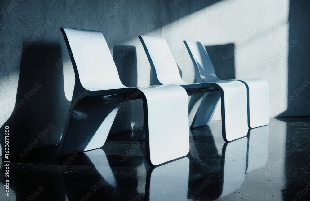 Poster minimalist white chairs arranged in a row with dramatic shadows and natural lighting creating a mode