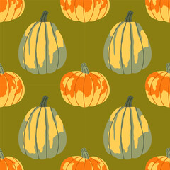 Seamless pattern with pumpkins. Autumn harvest. Perfect for fall, harvest or Thanksgiving designs, textile, fabric, wallpaper. Hello autumn.