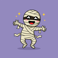 Energetic cartoon mummy with white bandages, heart-shaped eyes, red tongue, pink cheeks, jumping with arms and legs spread, surrounded by yellow sparkles on a purple background.