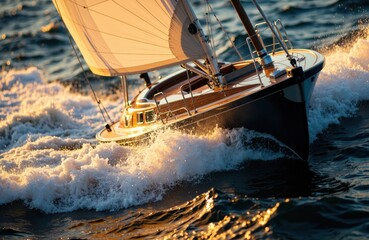 Obraz premium Sailboat speeding across the ocean during sunset with golden light reflecting on water