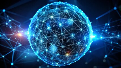A glowing blue sphere made of connected lines and dots representing a global network connection - Powered by Adobe