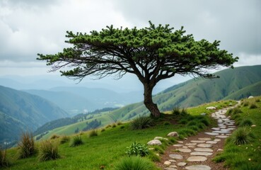 Fototapeta premium A solitary pine tree stands on a grassy hillside overlooking rolling green mountains under cloudy skies