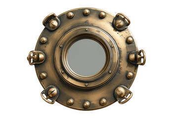 Ornate, circular porthole, metallic, bronze