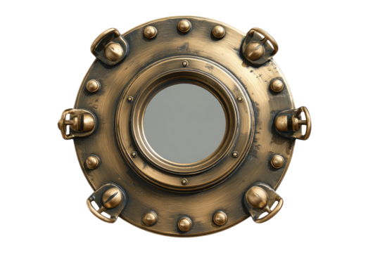 Ornate, circular porthole, metallic, bronze