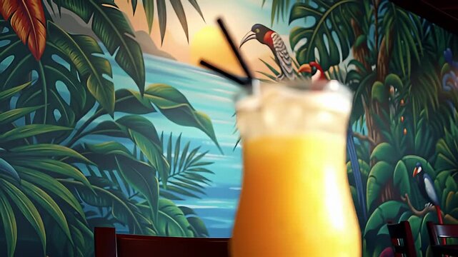 A tropical mural of parrots and lush foliage serves as the background for a blurred juice