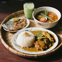 Authentic Nyonya Cuisine Set with Colorful Rice and Curry Chicken