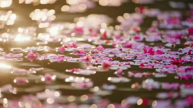 Pink flower petals floating on water with bokeh, sunlight, and nature.