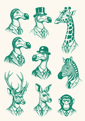 Fototapeta premium Anthropomorphic animals in vintage suits, dressed in various styles, including casual, formal, and retro fashion elements.