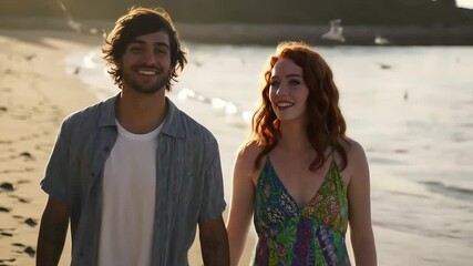 Coastal Bliss: A radiant couple strolls hand in hand along the shoreline, sharing a moment of affectionate connection, kissed by the warm glow of the sun, whispering promises of togetherness.