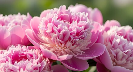 Fototapeta premium Close-up of blooming pink peony flowers in soft sunlight, showcasing delicate layered petals, natural beauty, and lush floral texture.