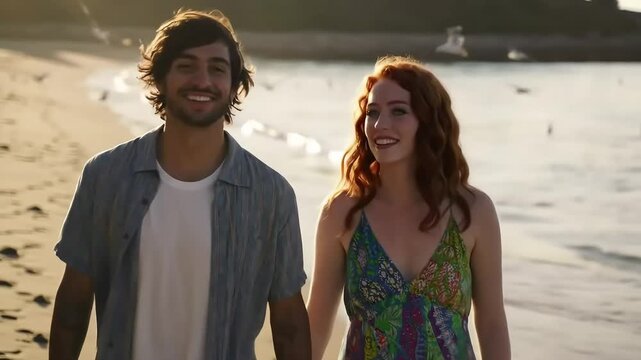 Coastal Bliss: A radiant couple strolls hand in hand along the shoreline, sharing a moment of affectionate connection, kissed by the warm glow of the sun, whispering promises of togetherness.