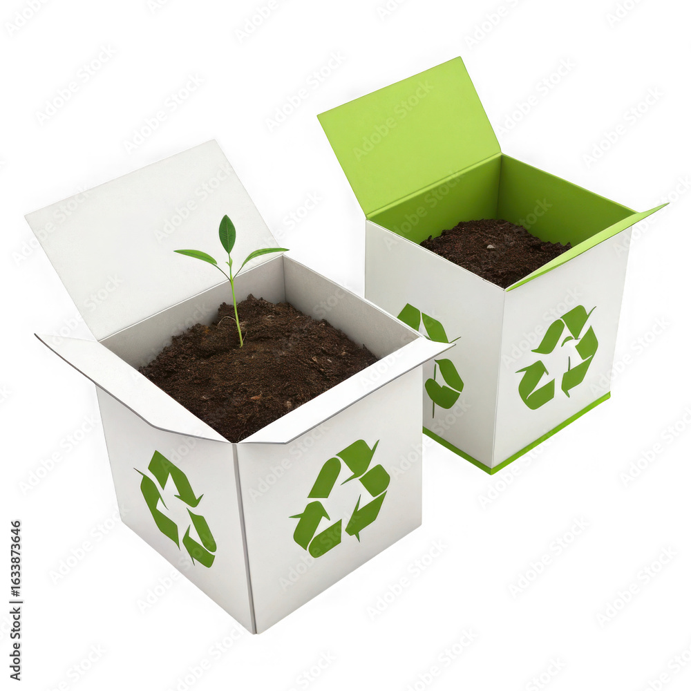 Poster 3d recycle boxes with seedling isolated on transparent background