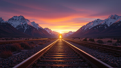 Fototapeta premium Railway tracks leading towards a vibrant sunset between snow capped mountains