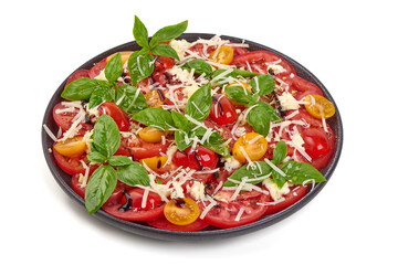 Tomato Mozzarella Salad, Basil Leaves, isolated on white background