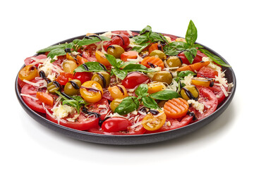 Tomato Mozzarella Salad, Basil Leaves, isolated on white background