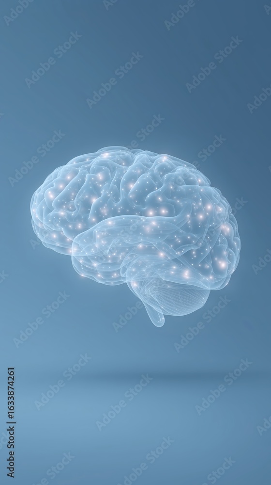 Poster transparent brain illustration with glowing neural connections, floating against a soft blue backgro