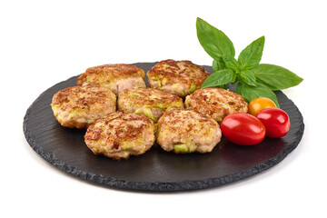 Zucchini Fritters, Cherry Tomatoes, Basil, isolated on white background