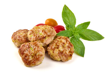 Meatballs Tomatoes Basil, isolated on white background