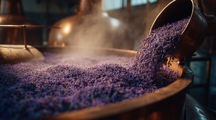 Fresh Lavender Flowers Being Loaded into Copper Distillation Vessel for Essential Oil Extraction